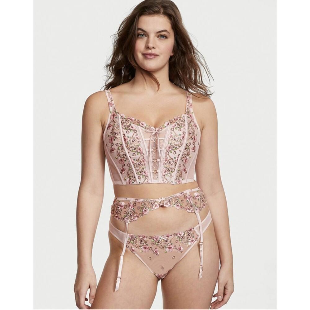 Victoria’s Secret Floral Heart Embroidery Garter Belt and Cheeky Panty set